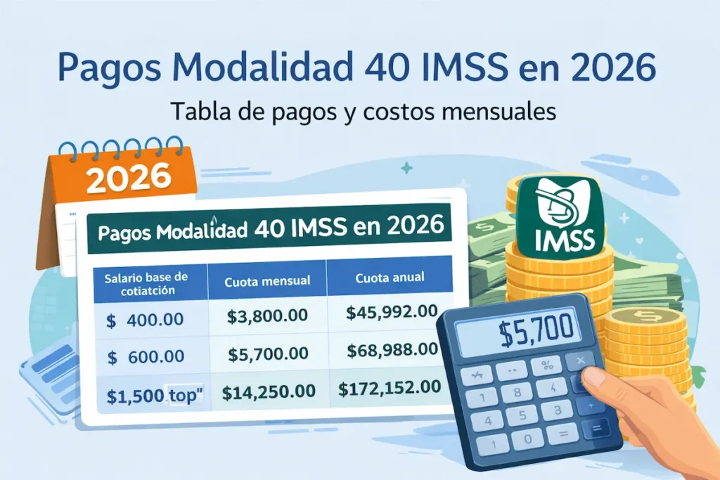 Tabla de pagos de la Modalidad 40 del IMSS en 2026 con calculadora de cuotas y ejemplos de costos según salario