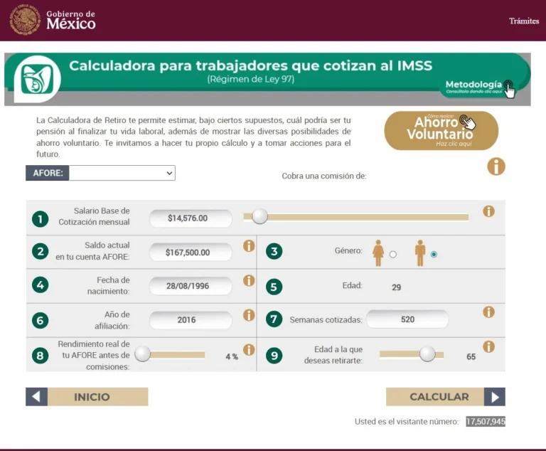 Formulario del simulador de pensión IMSS Ley 97 con datos de AFORE, salario, semanas cotizadas y edad de retiro